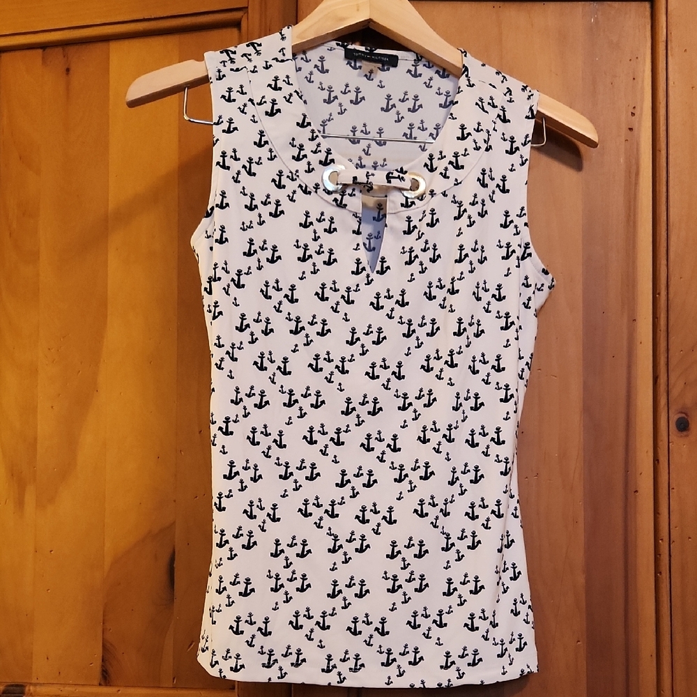 Tommy Hilfiger White and Black Anchor Print Blouse